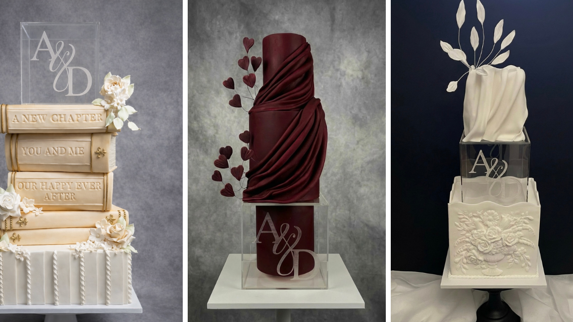 Personalised clear acrylic cake spacer styled three ways as a wedding cake centrepiece
