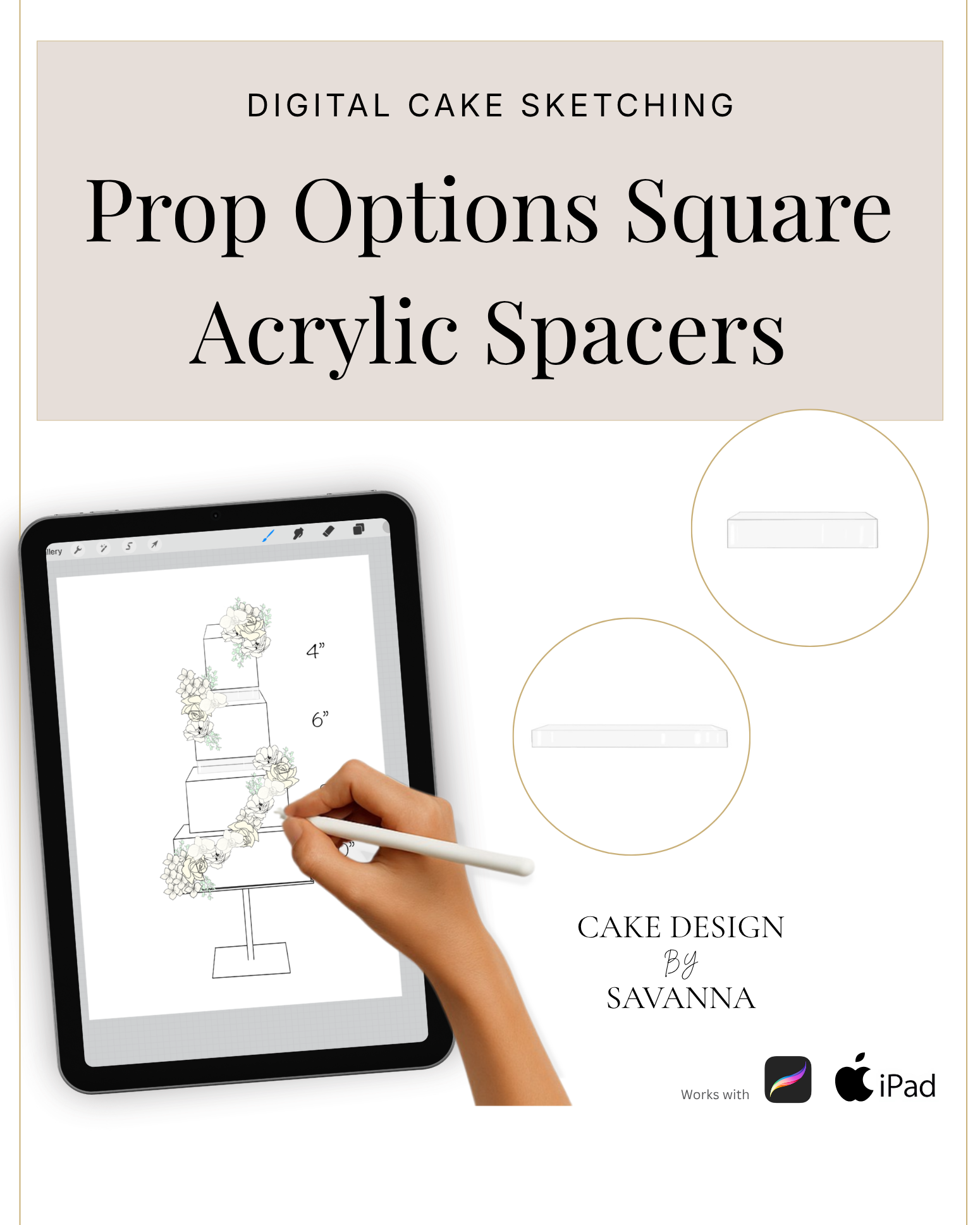 Square acrylic cake spacer sketch — Procreate stamp of the real Prop Options square spacer | Cake Design by Savanna