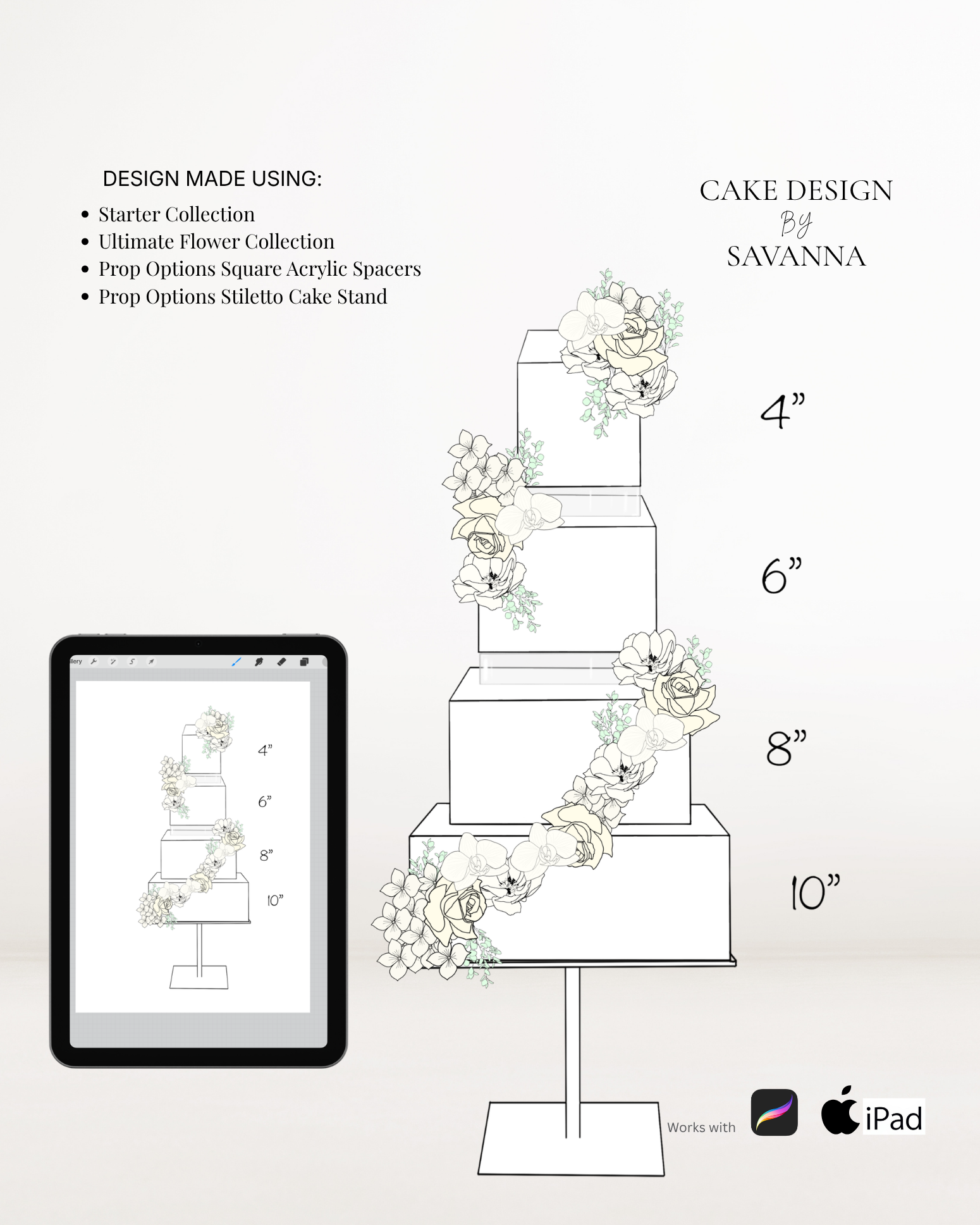 Square acrylic cake spacer Procreate stamp for digital cake sketching, preview 4 – Cake Design by Savanna