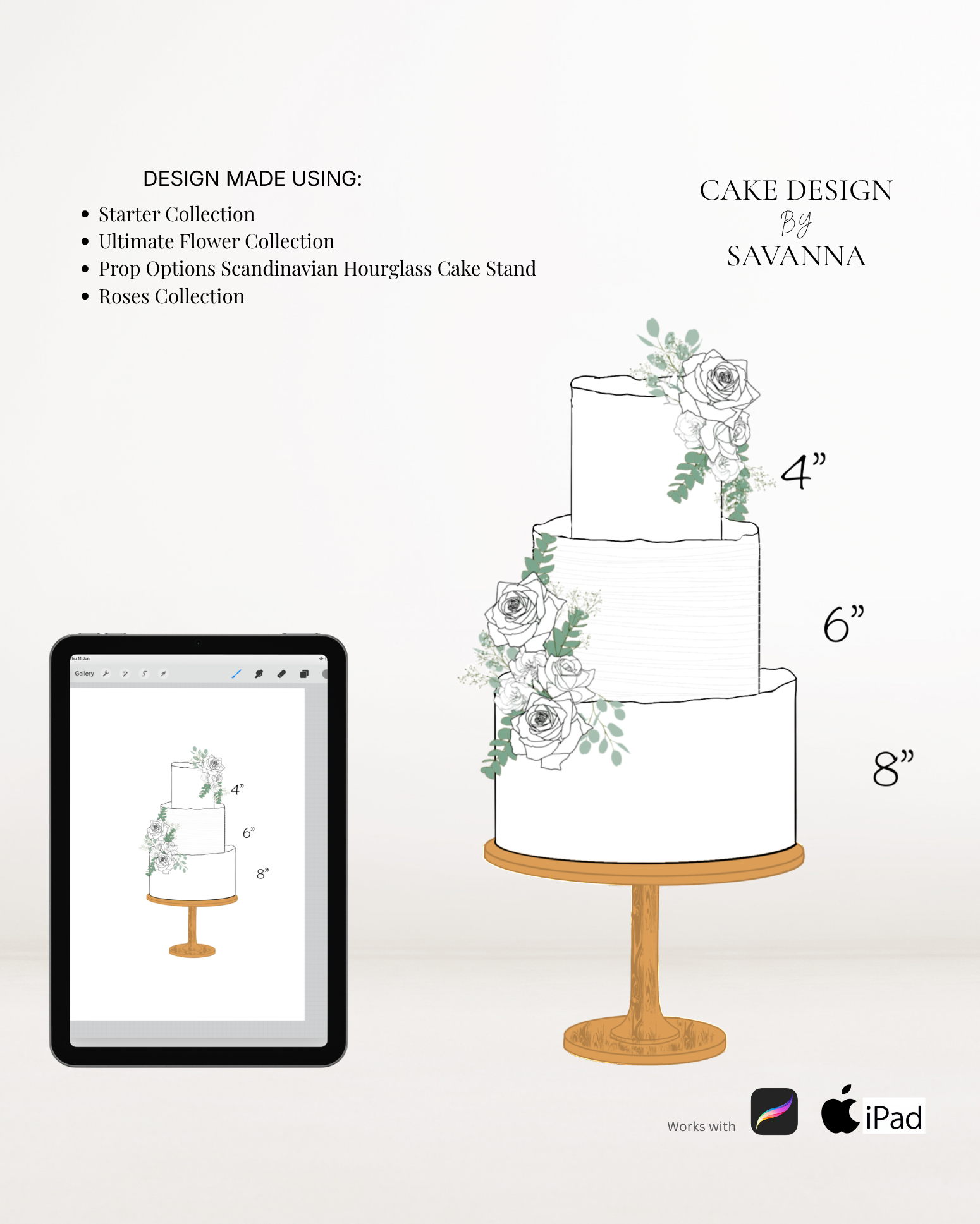Scandinavian birch hourglass cake stand Procreate stamp for digital cake sketching, preview 4 – Cake Design by Savanna