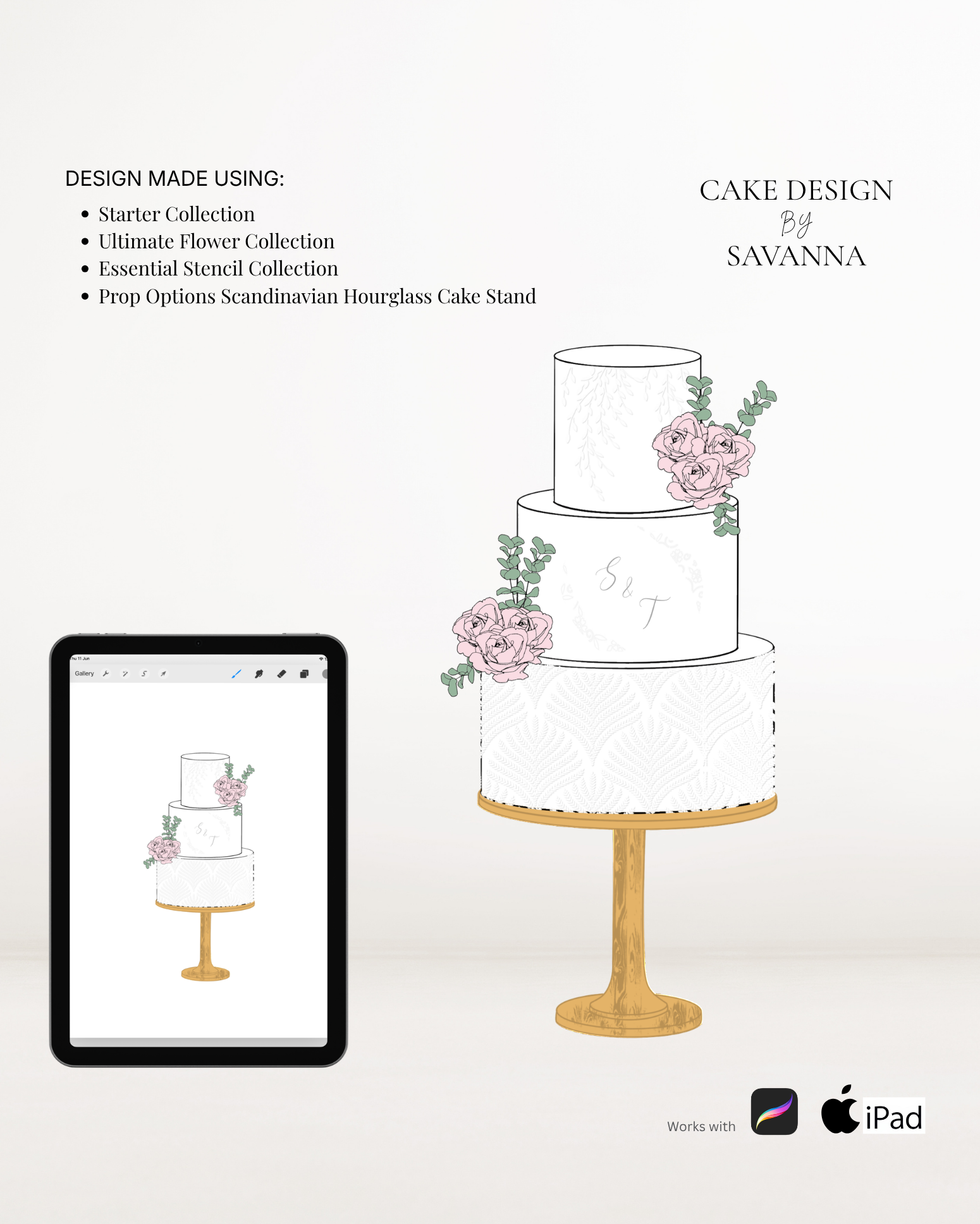 Scandinavian birch hourglass cake stand Procreate stamp for digital cake sketching, preview 5 – Cake Design by Savanna