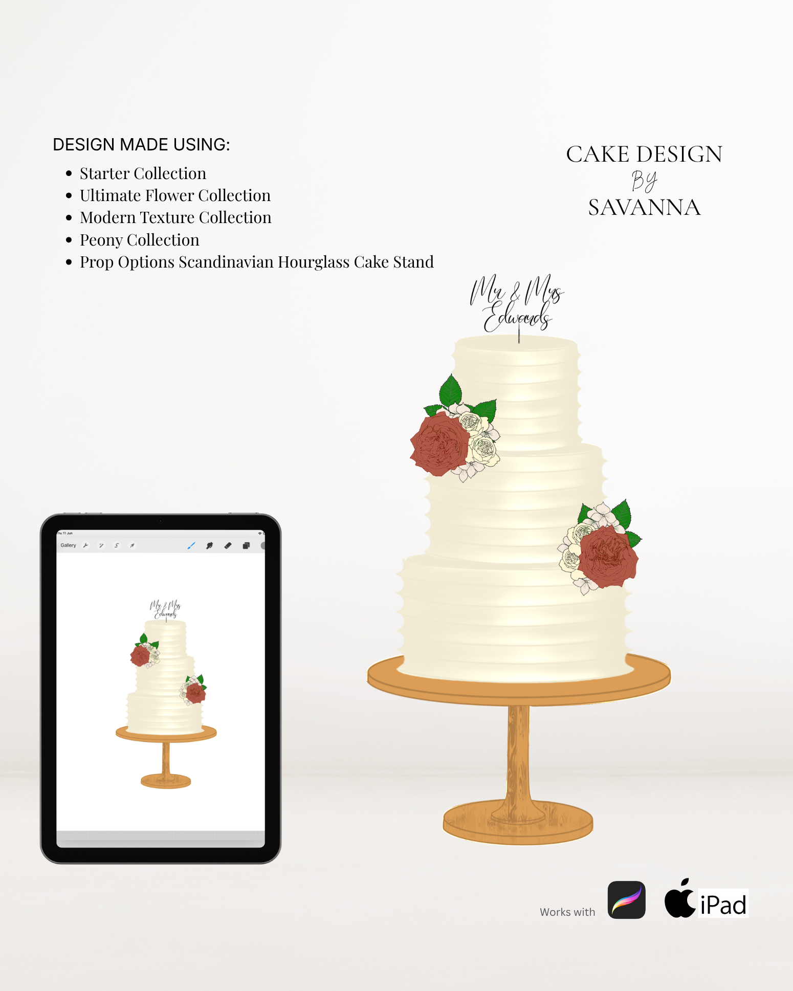 Scandinavian birch hourglass cake stand Procreate stamp for digital cake sketching, preview 6 – Cake Design by Savanna