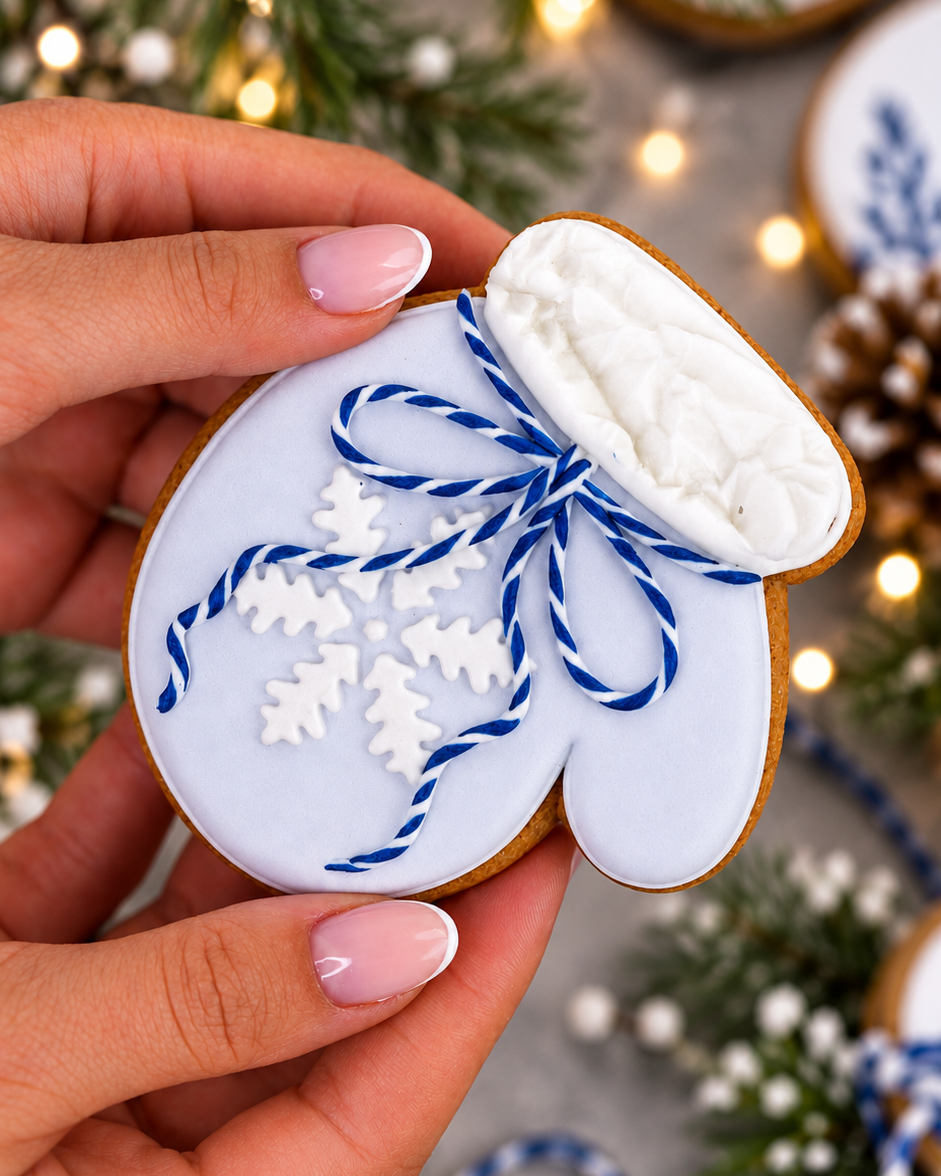 Blue mitten cookie held in hand, Prop Options x Ekat's Christmas cookie set