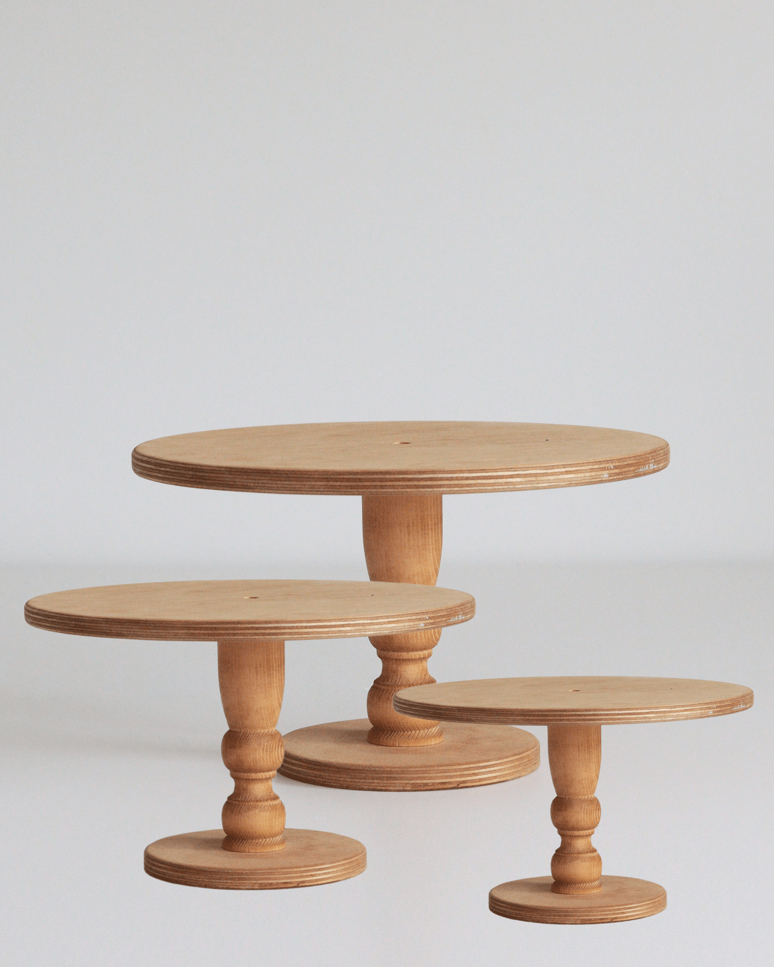PropBundles - Trio of Original Scandinavian Birch Pedestal Cake Stands - Varied Diameters - Prop Options
