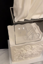 Personalised square acrylic clear tier styled as a wedding cake centrepiece